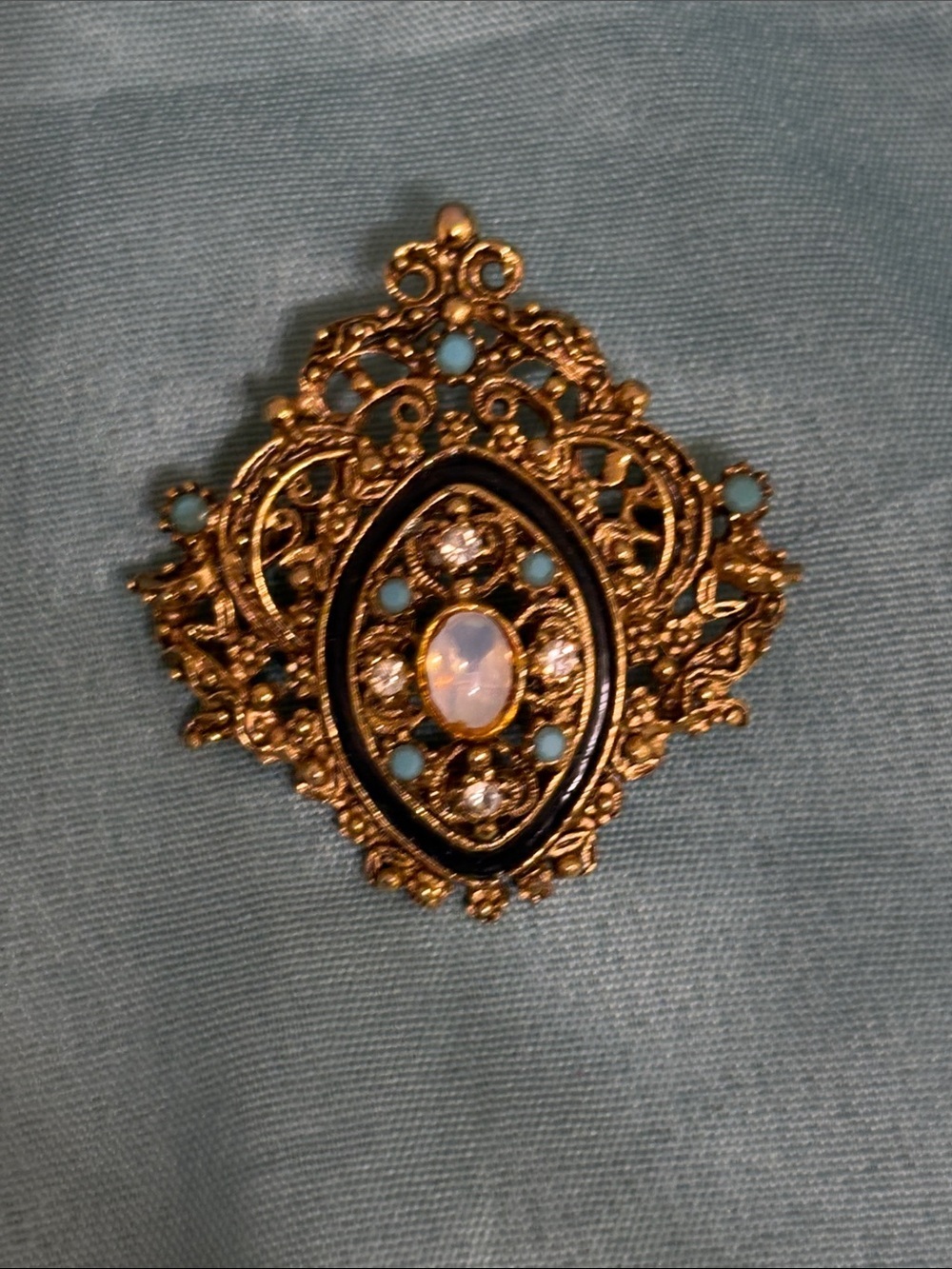 Vintage Florenza brooch Signed Gold Plate Rhinestone Moonstone Victorian Revival